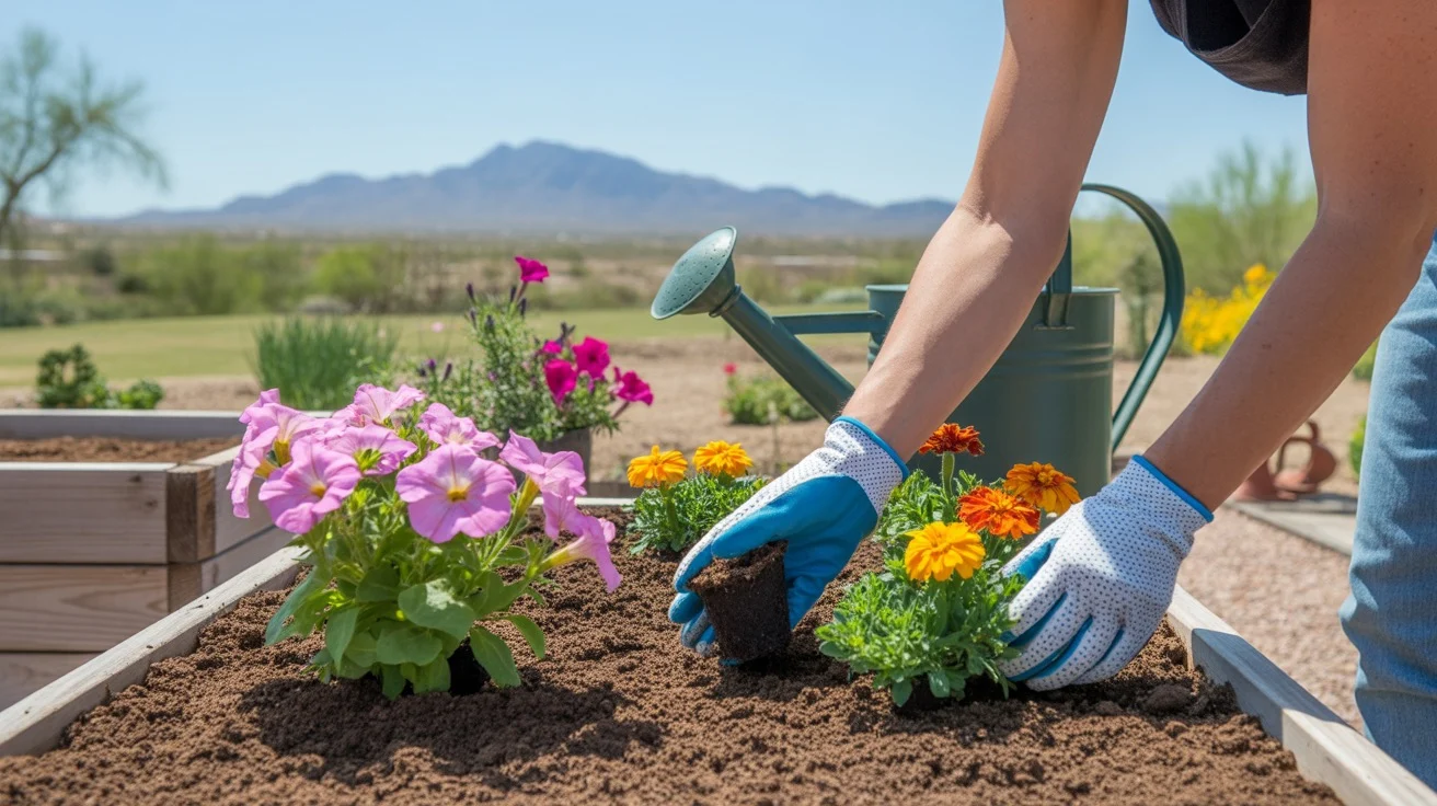 Hands planting colorful flowers in a raised garden bed with mountains in the background on a sunny spring day in Mesa, Arizona