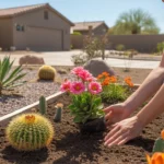 Hands planting colorful flowers in a garden bed with desert landscaping in the background