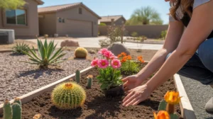 Hands planting colorful flowers in a garden bed with desert landscaping in the background
