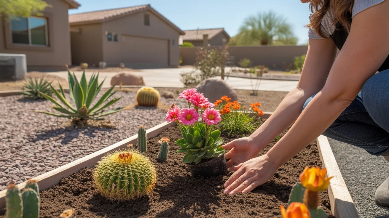 Hands planting colorful flowers in a garden bed with desert landscaping in the background