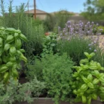 Lush spring herb garden in a Gilbert yard with basil, rosemary, mint and lavender