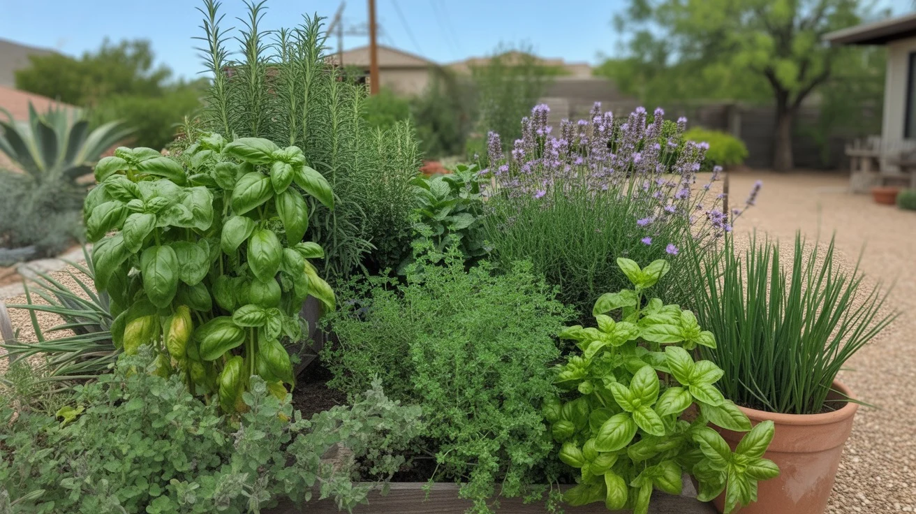 Lush spring herb garden in a Gilbert yard with basil, rosemary, mint and lavender