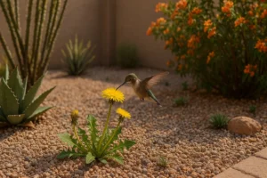 Hummingbird feeding on a dandelion in a Chandler yard