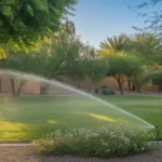 A lush green yard in Chandler with sprinklers watering plants in early spring sunshine