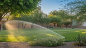 A lush green yard in Chandler with sprinklers watering plants in early spring sunshine