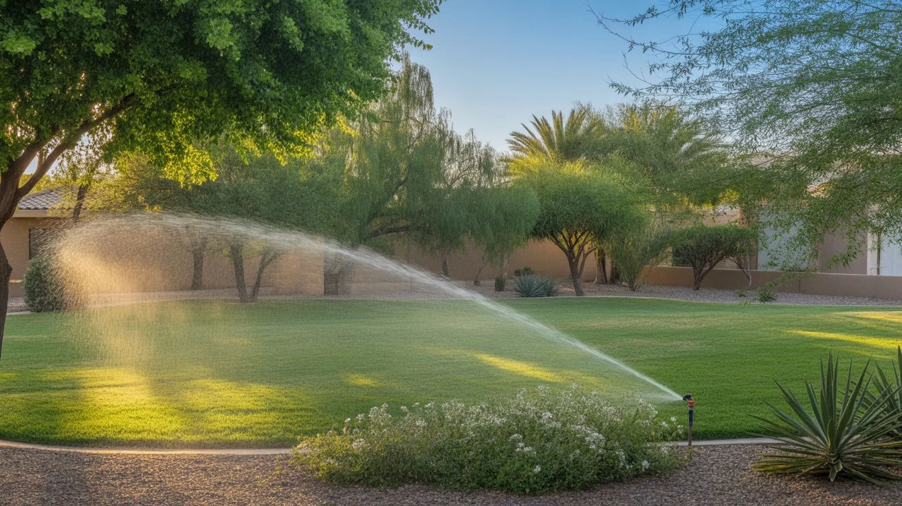 A lush green yard in Chandler with sprinklers watering plants in early spring sunshine