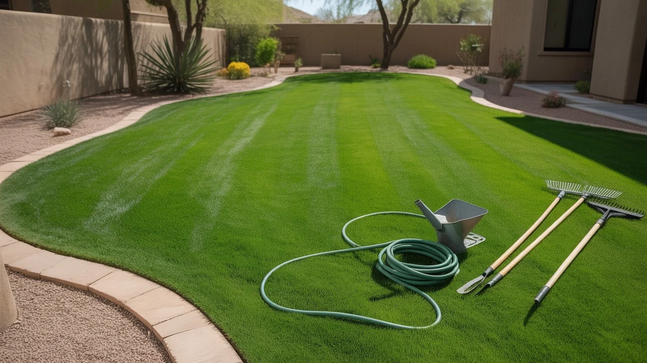 A lush green lawn in a Chandler backyard in spring, with gardening tools and supplies nearby