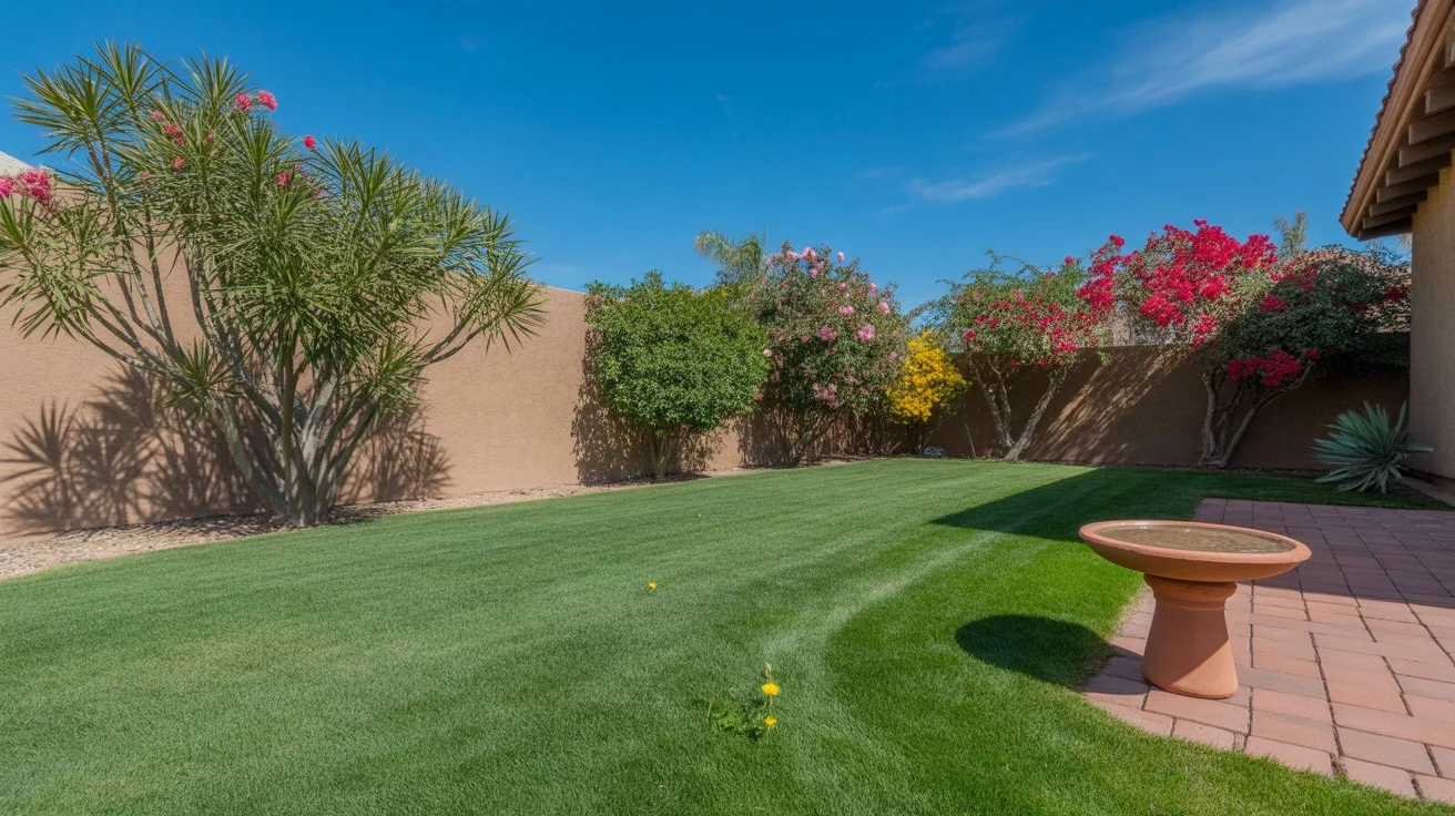 A lush green lawn in a Mesa backyard during springtime