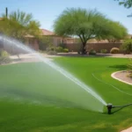 A lush green lawn being watered by an irrigation sprinkler system in a Mesa backyard in spring.
