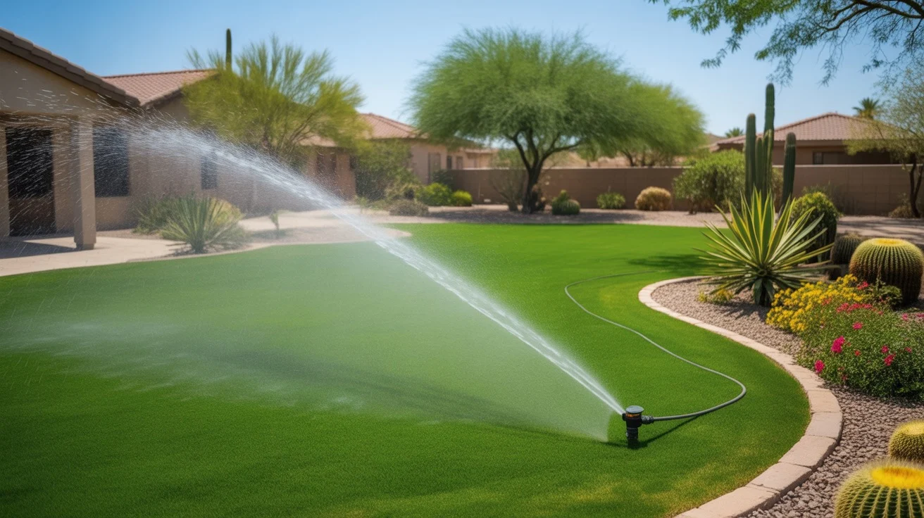 A lush green lawn being watered by an irrigation sprinkler system in a Mesa backyard in spring.