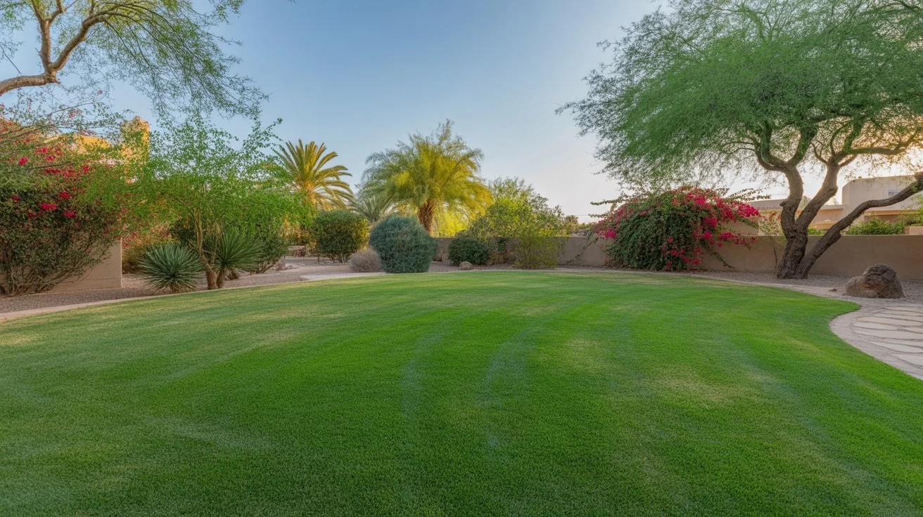 Spring lawn care in Mesa, Arizona backyard with lush green grass and blooming desert plants