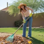 Woman raking leaves and debris from a lawn in Queen Creek in early spring