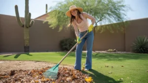 Woman raking leaves and debris from a lawn in Queen Creek in early spring