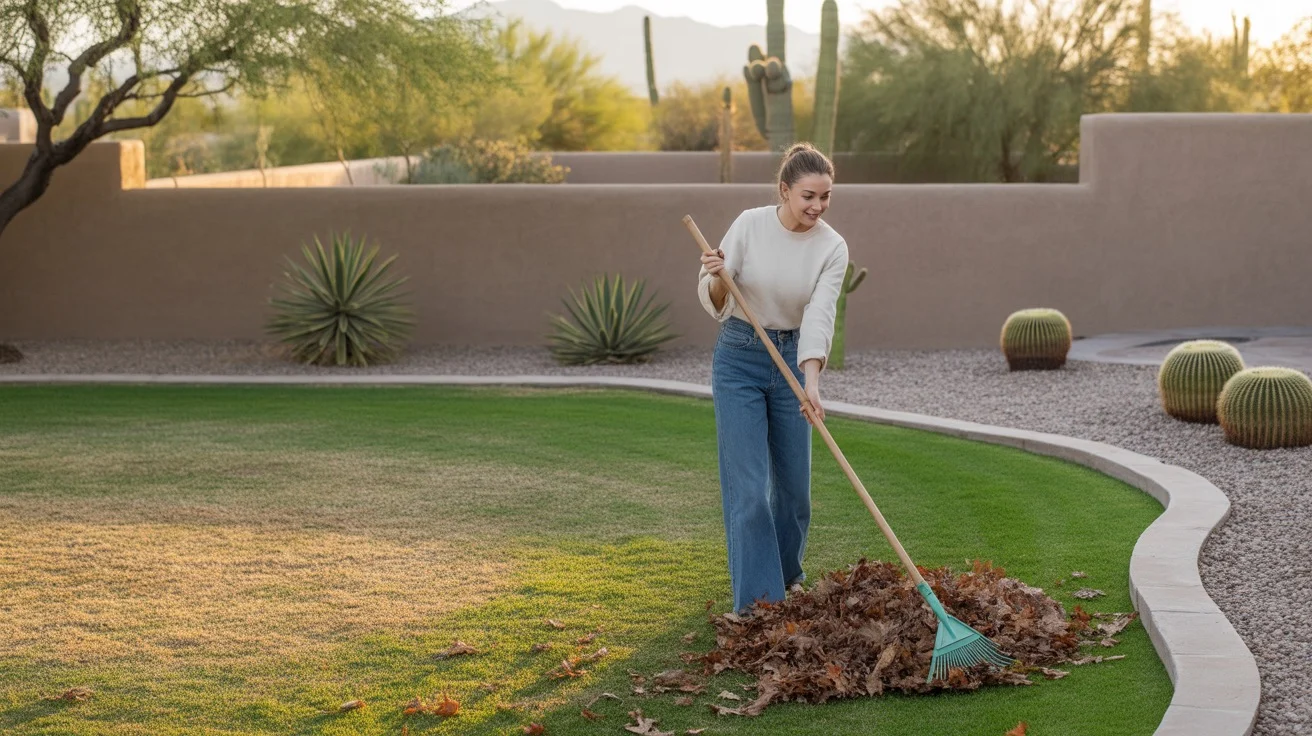 Woman raking leaves from spring lawn in Queen Creek backyard