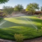 Lush green lawn being watered by sprinklers in the Southeast Valley during spring