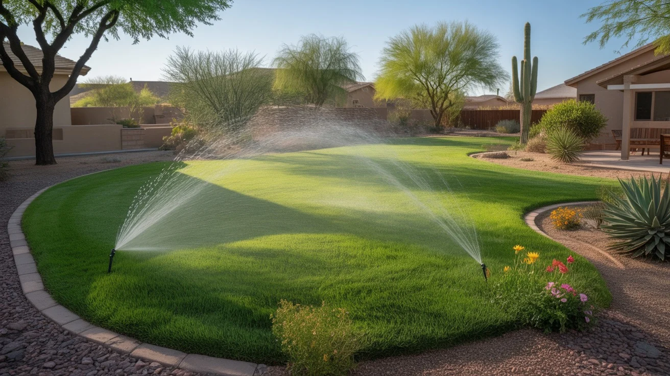 Lush green lawn being watered by sprinklers in the Southeast Valley during spring