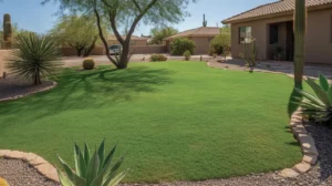 Lush green grass lawn in spring with landscaping and house in Southeast Valley Arizona