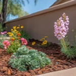 Flower bed with fresh layer of dark brown mulch in a Chandler backyard