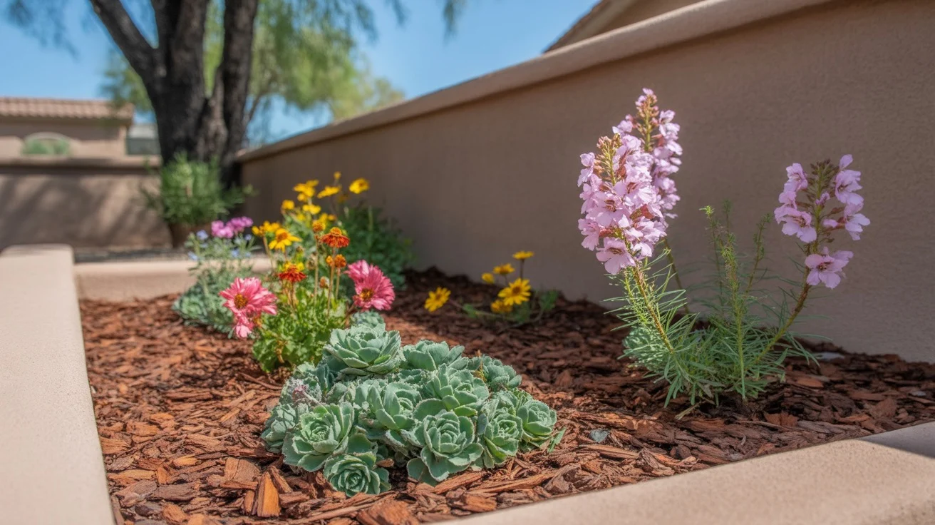 Flower bed with fresh layer of dark brown mulch in a Chandler backyard
