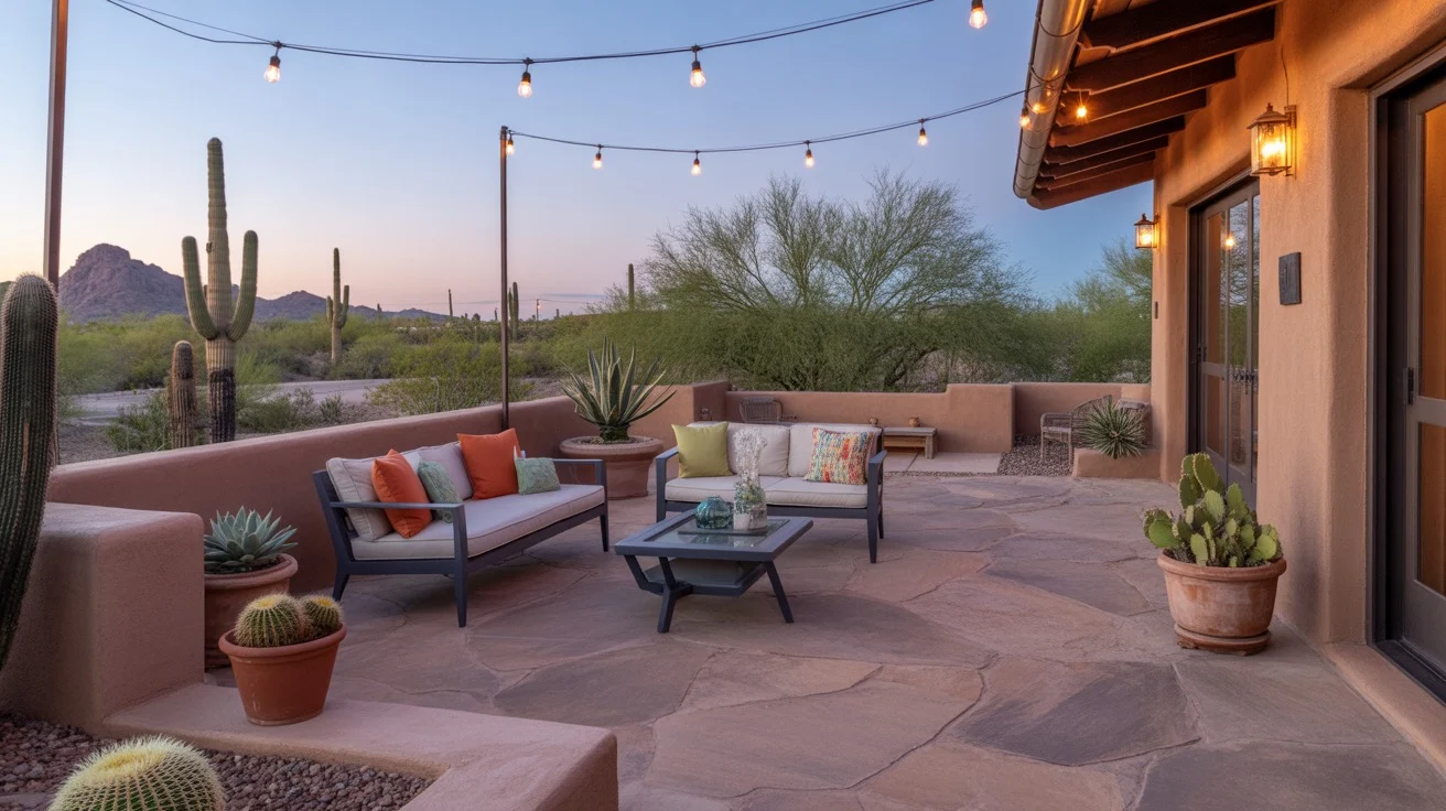 A refreshed Queen Creek patio with potted plants, comfortable seating, and string lights
