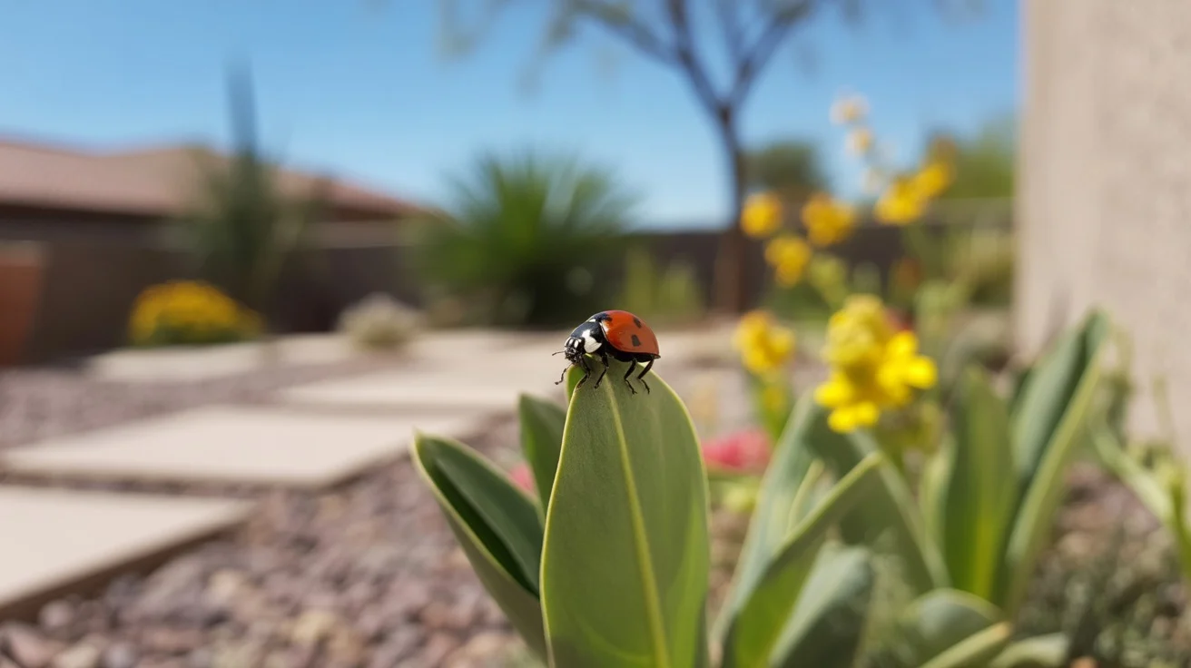 Ladybug on plant leaf in a Chandler backyard in spring
