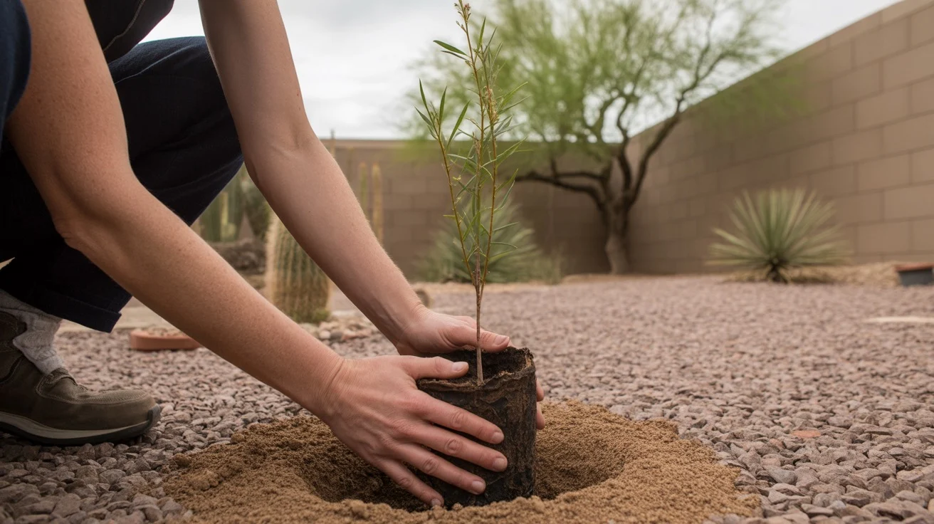 Hands planting a young tree in a Queen Creek backyard in spring