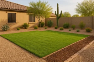 A well-maintained Chandler lawn with spring weed barriers in place.