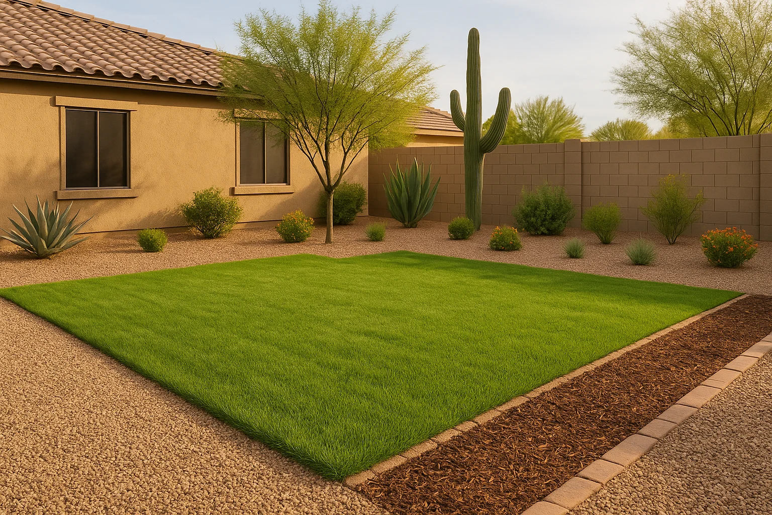 A well-maintained Chandler lawn with spring weed barriers in place.