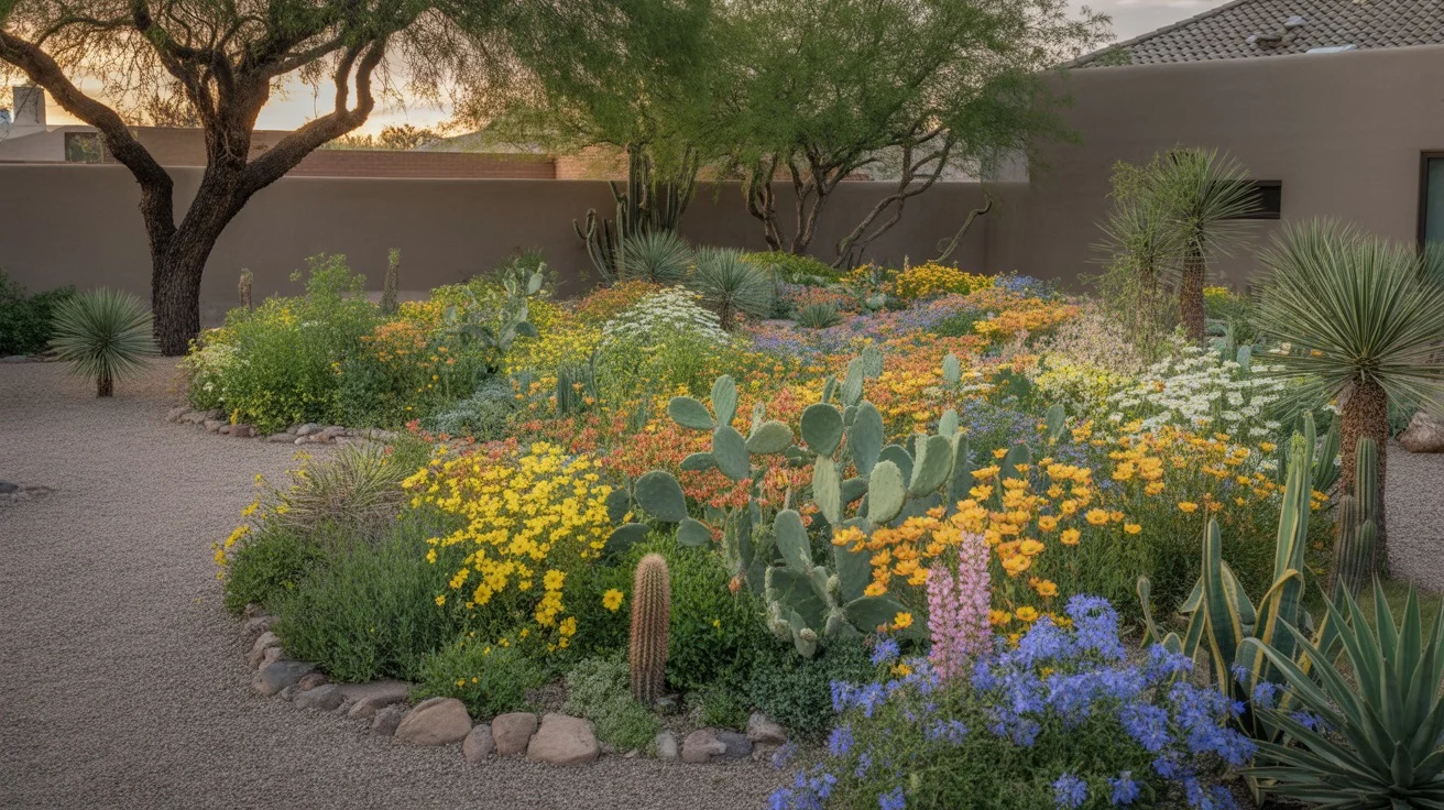 Colorful spring wildflowers blooming in a Queen Creek yard
