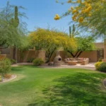 A lush, green Chandler backyard in spring with blooming plants and trees
