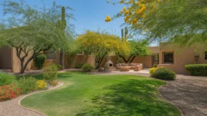 A lush, green Chandler backyard in spring with blooming plants and trees