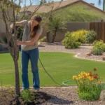 Chandler homeowner performing spring yard care tasks like pruning and mulching