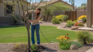 Chandler homeowner performing spring yard care tasks like pruning and mulching