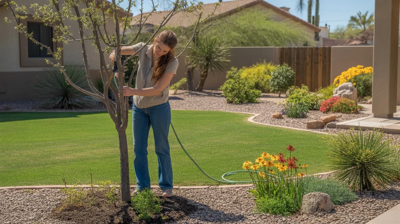 Chandler homeowner performing spring yard care tasks like pruning and mulching