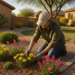 Person tending to colorful spring flowers in a Gilbert yard with irrigation system visible