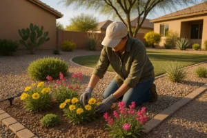 Person tending to colorful spring flowers in a Gilbert yard with irrigation system visible