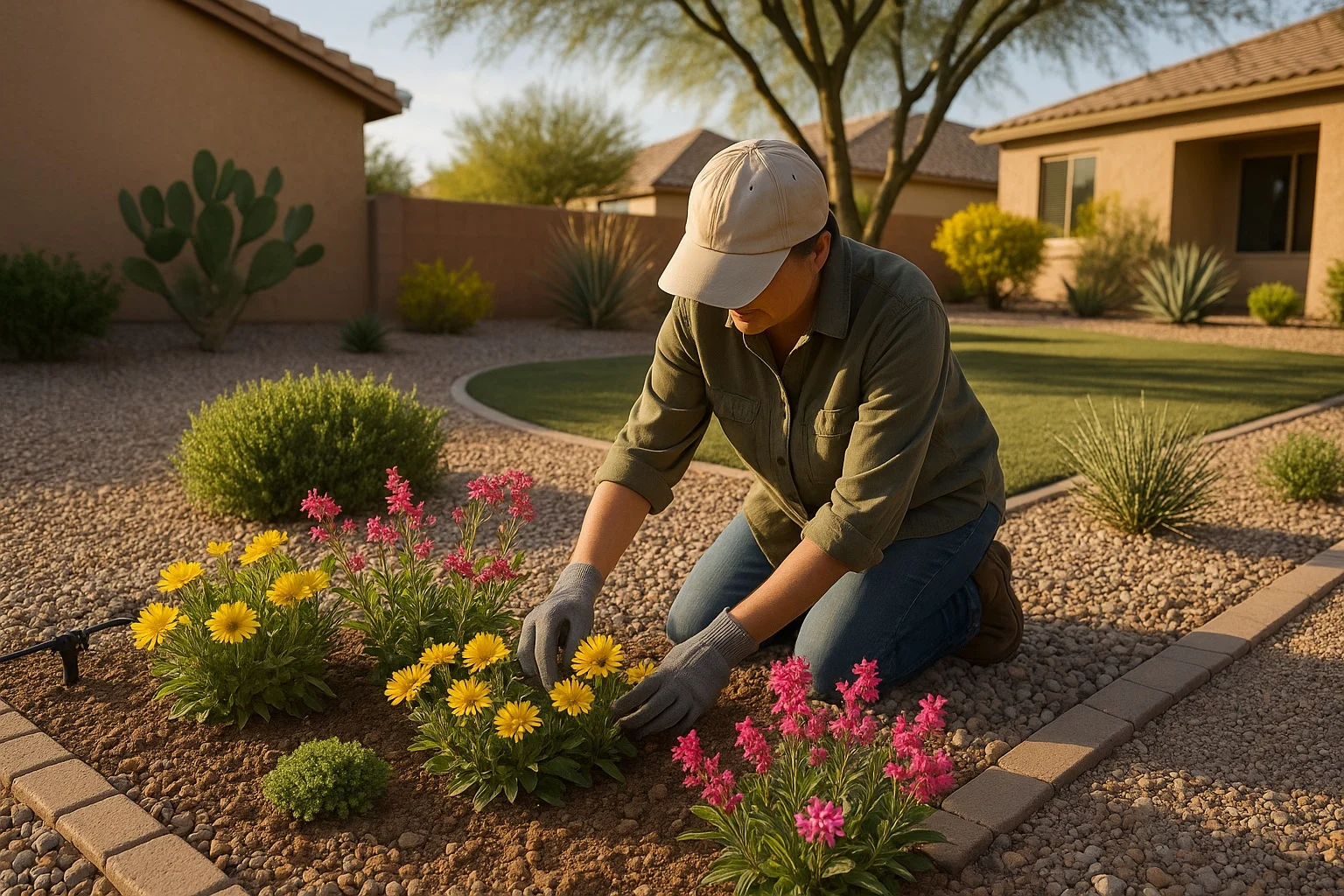 Person tending to colorful spring flowers in a Gilbert yard with irrigation system visible