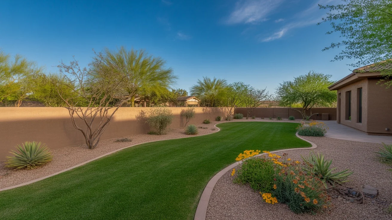 A beautiful spring yard in Gilbert with blooming desert plants and a lush green lawn.