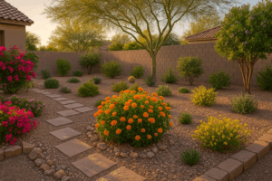 Backyard in Gilbert with flourishing spring plants