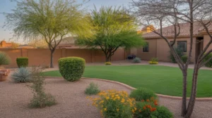 Spring yard care in Gilbert, AZ with blooming desert plants and pruned trees
