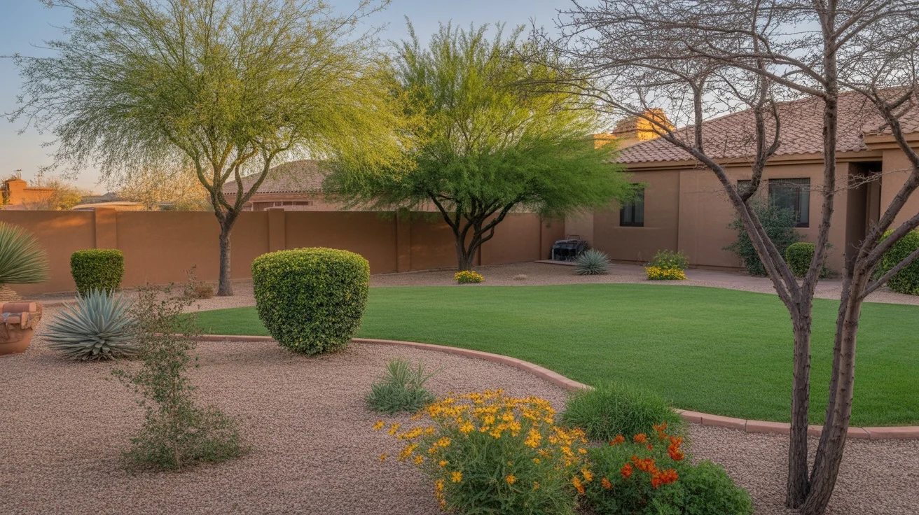 Spring yard care in Gilbert, AZ with blooming desert plants and pruned trees