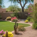 A lush green lawn and colorful spring flowers in a Mesa backyard