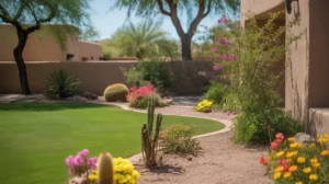A lush green lawn and colorful spring flowers in a Mesa backyard