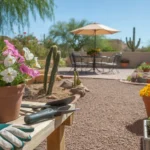 Colorful spring flowers and gardening tools in a Chandler backyard