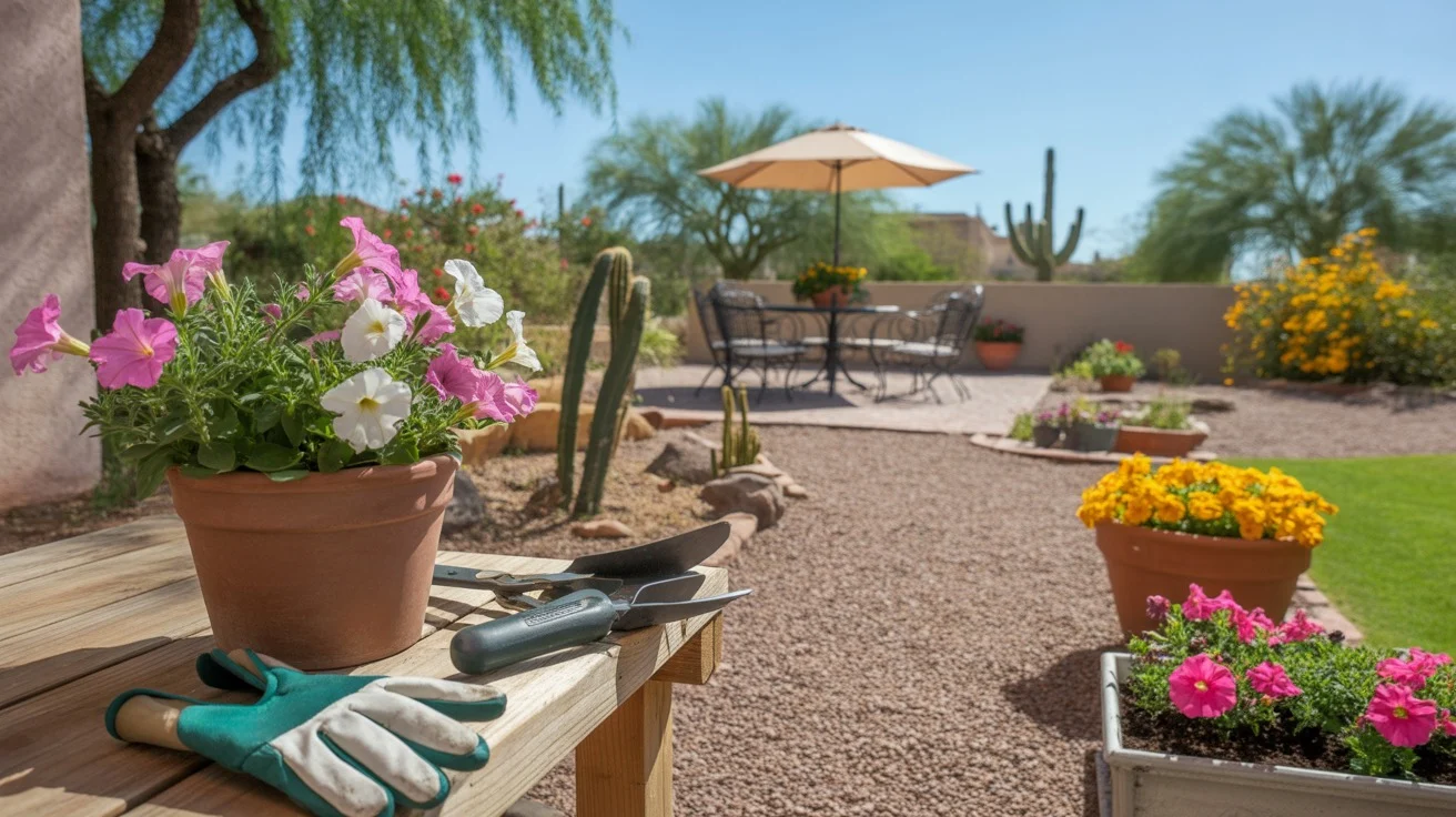 Colorful spring flowers and gardening tools in a Chandler backyard