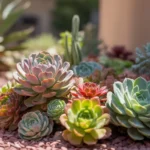 Colorful succulent arrangement in a Gilbert yard with gravel mulch