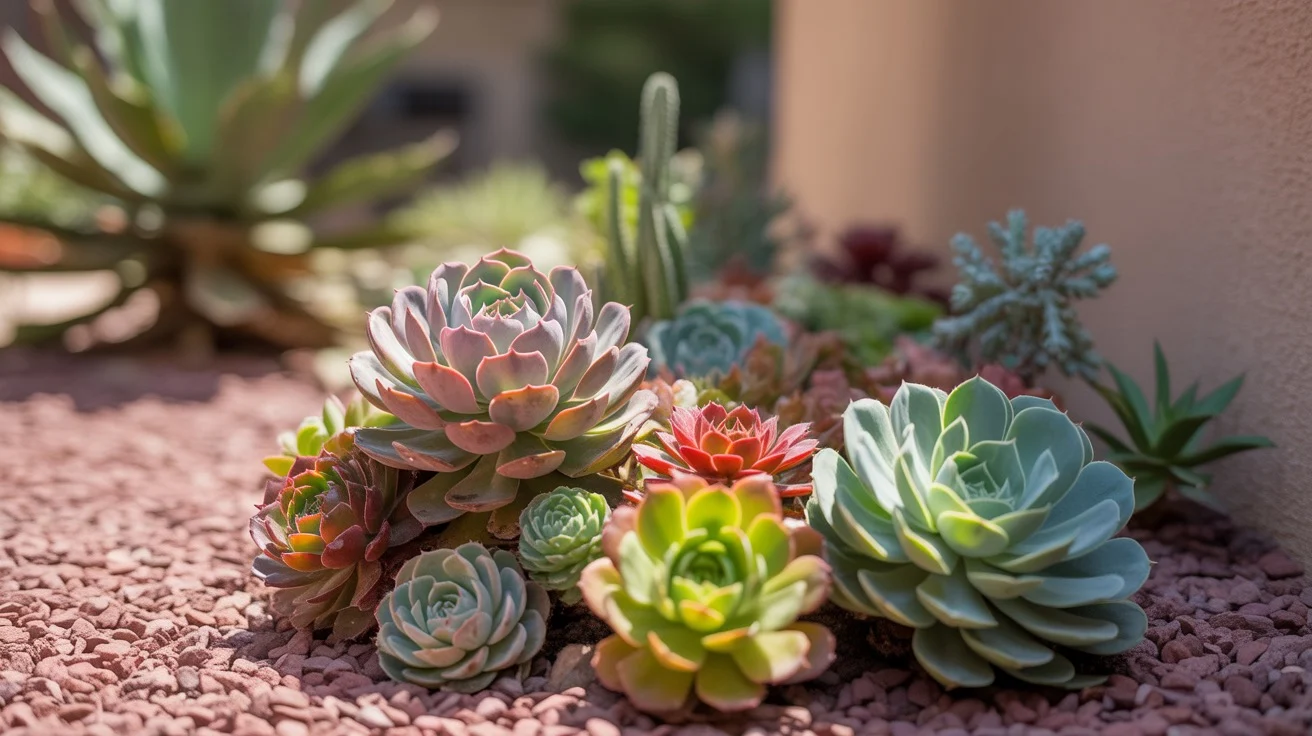 Colorful succulent arrangement in a Gilbert yard with gravel mulch