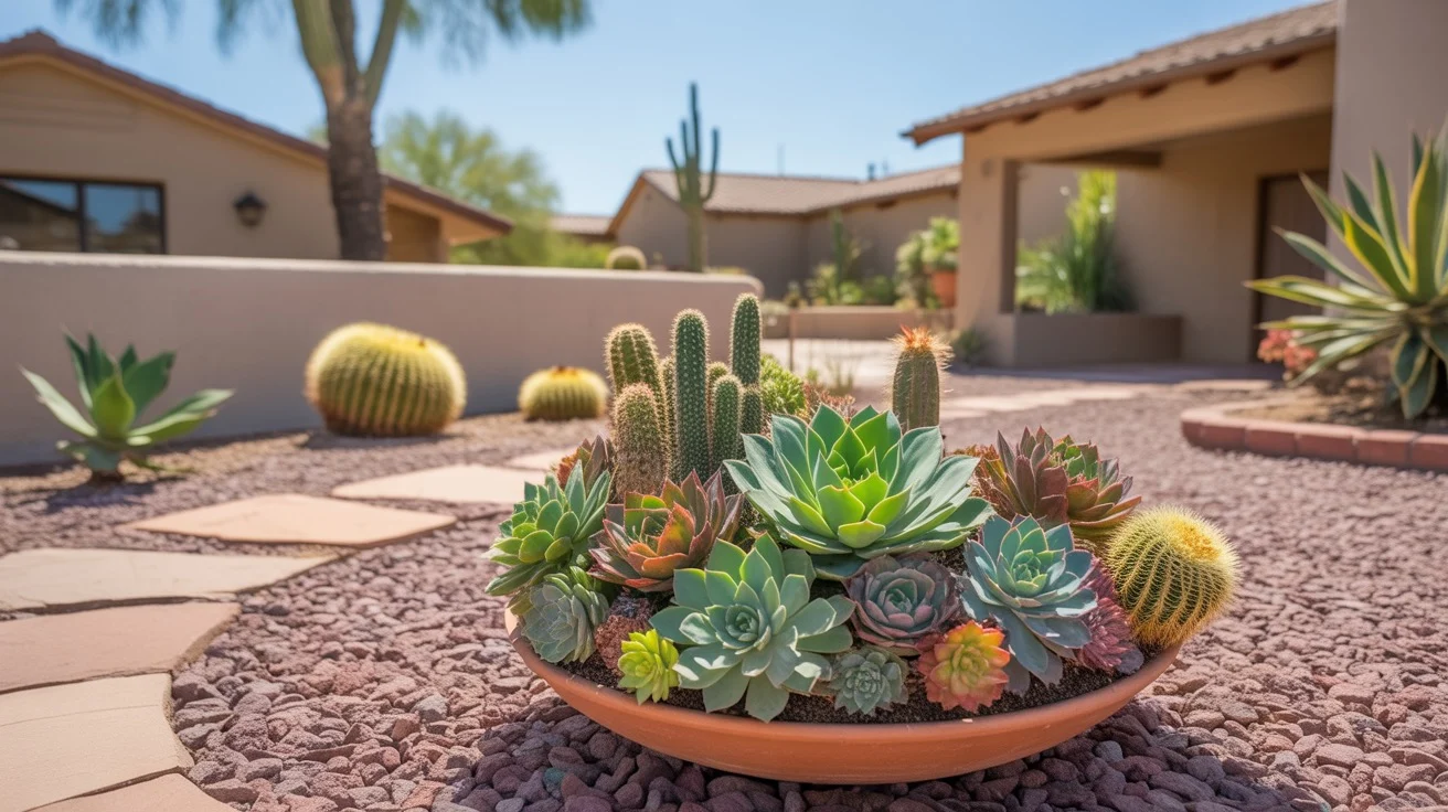 Colorful succulent arrangement in a Gilbert yard