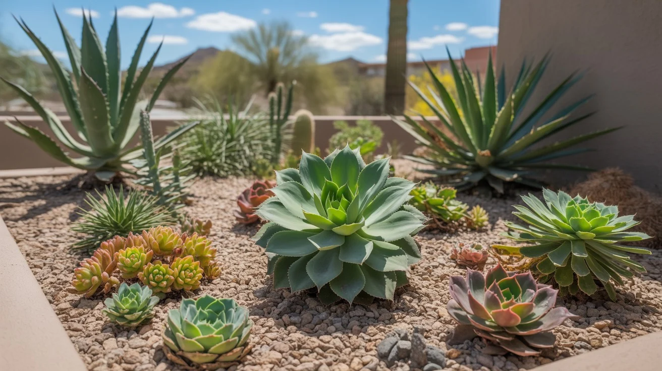 A colorful succulent garden in a Gilbert yard with agave, aloe, and echeveria plants.