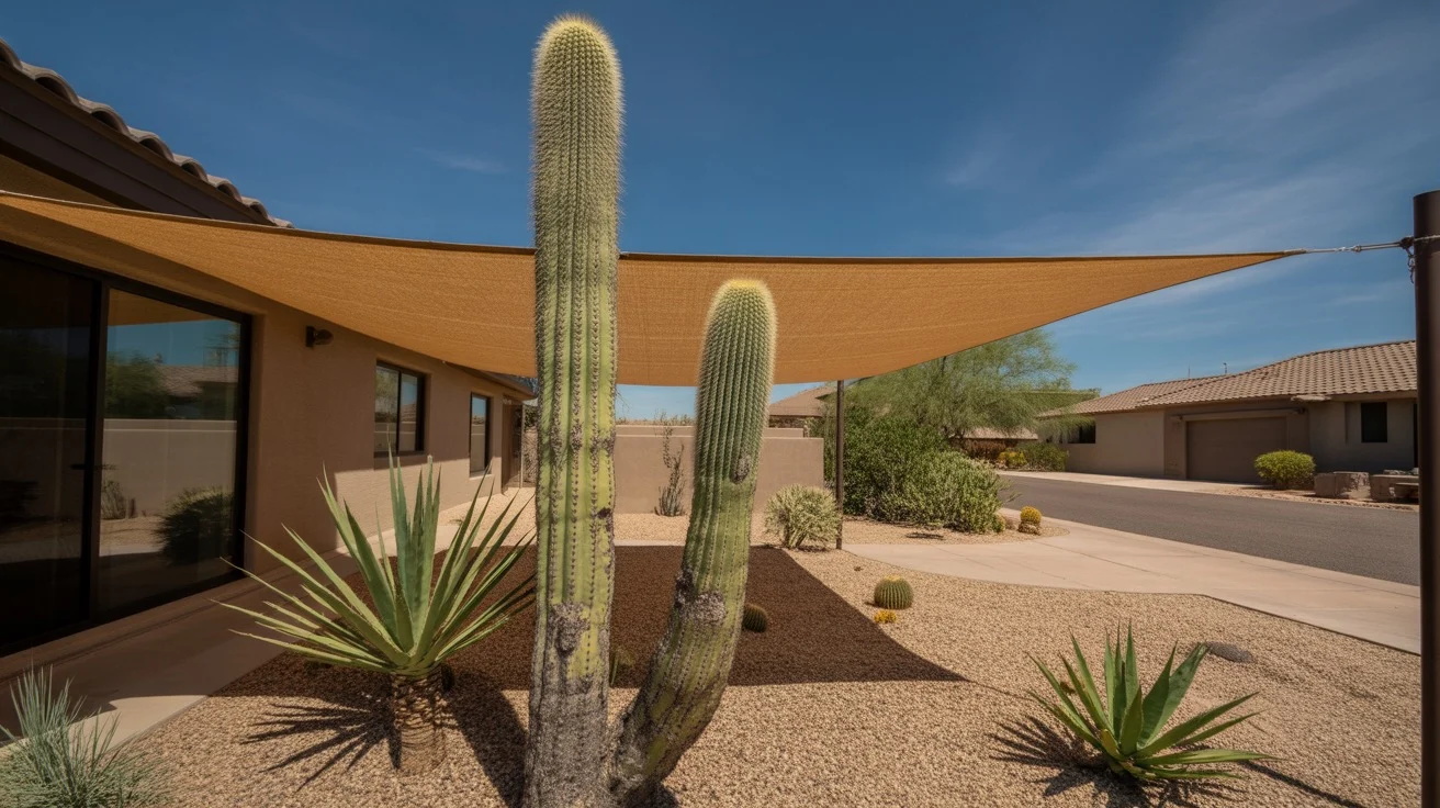 Cactus shaded by a screen in a Chandler yard during summer